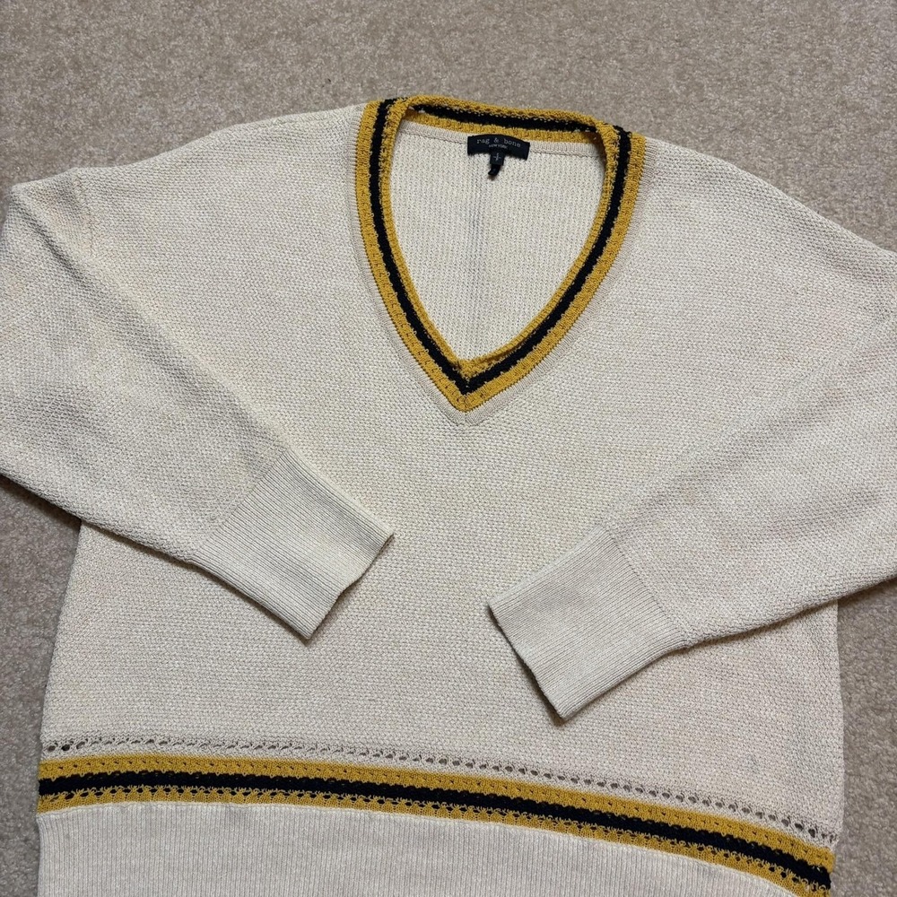 Rag & Bone Sweater Womens Small White V Neck Cricket Pullover Stripe Trim Knit - Picture 5 of 10